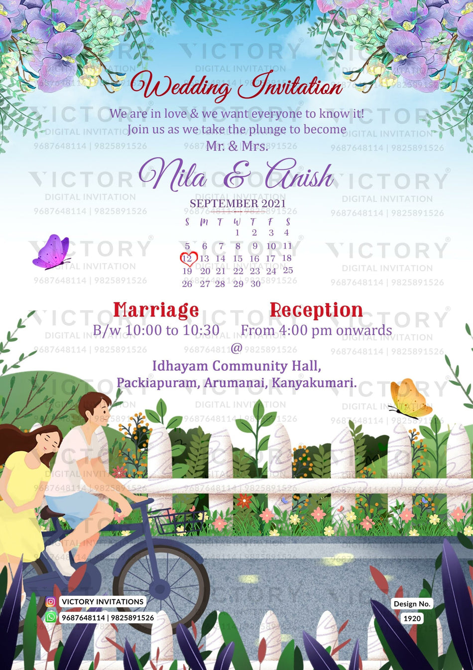 Wedding ceremony invitation video of hindu south indian tamil family in english language with romantic garden theme design 1920