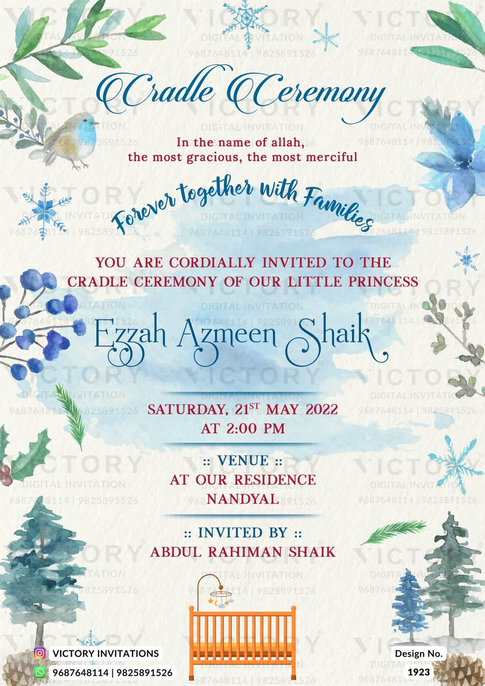 Cradle ceremony invitation card for baby boy in english language with cradle, leaves as floral theme design 1923