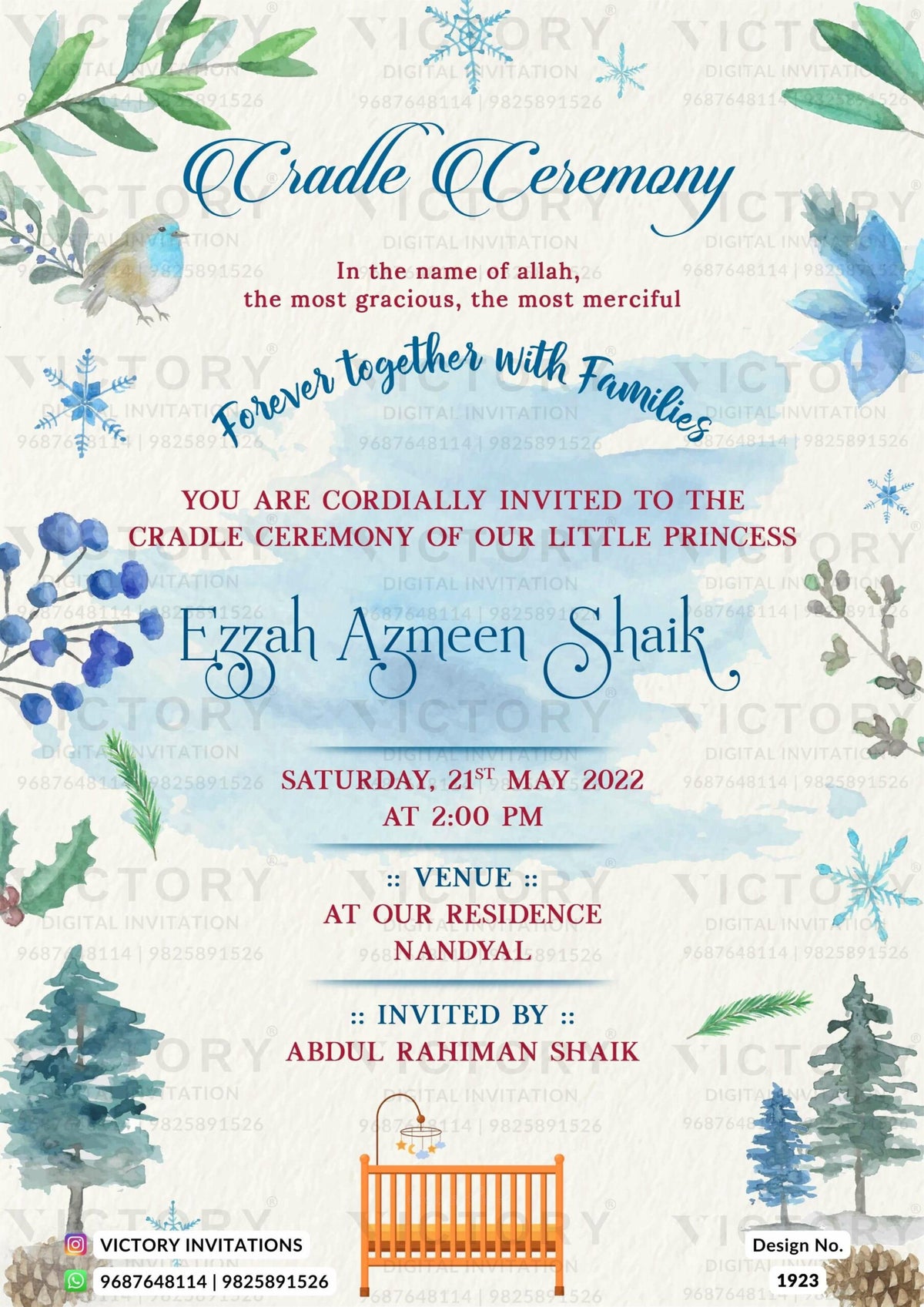 Cradle ceremony invitation card for baby boy in english language with cradle, leaves as floral theme design 1923