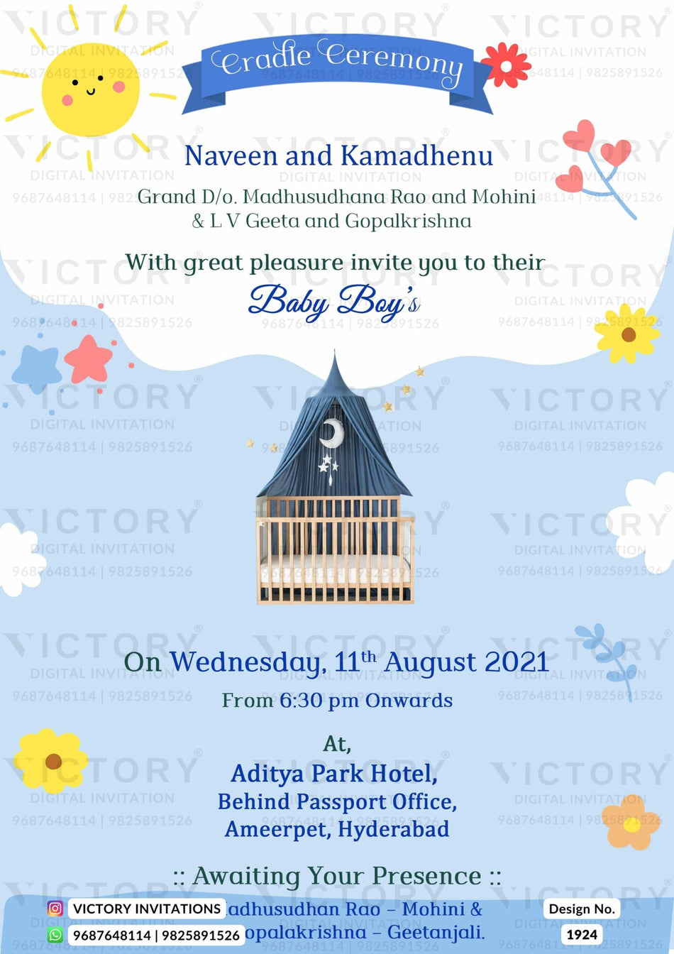 Cradle ceremony invitation card for baby boy in english language with cradle, sun as minimalistic theme design 1924