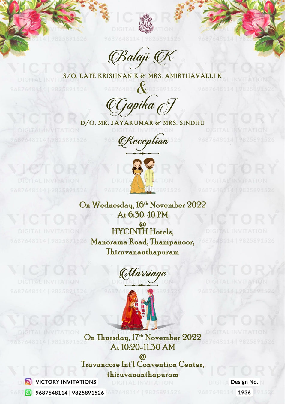 Wedding ceremony invitation card of hindu south indian malayali family in english language with minimalistic theme design 1936