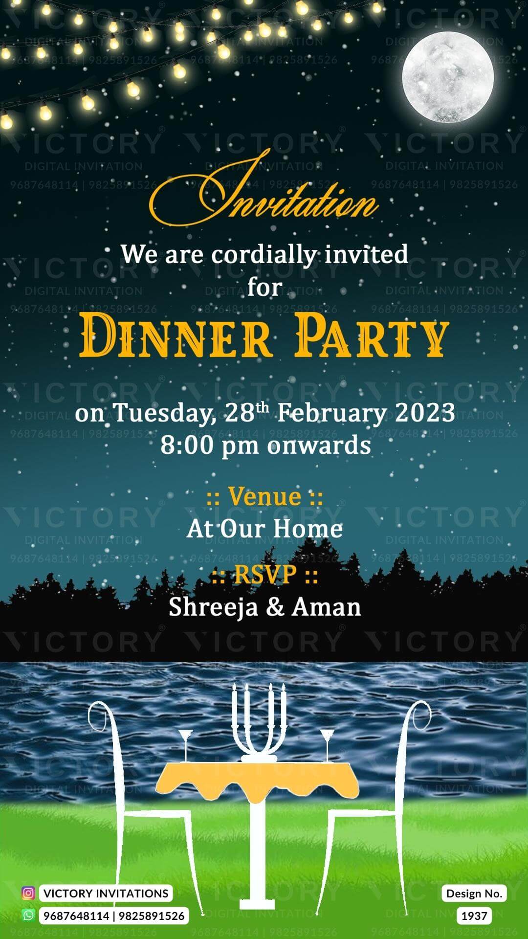 Dinner Party invitation card in english language with moon, string lights as romantic theme design 1937