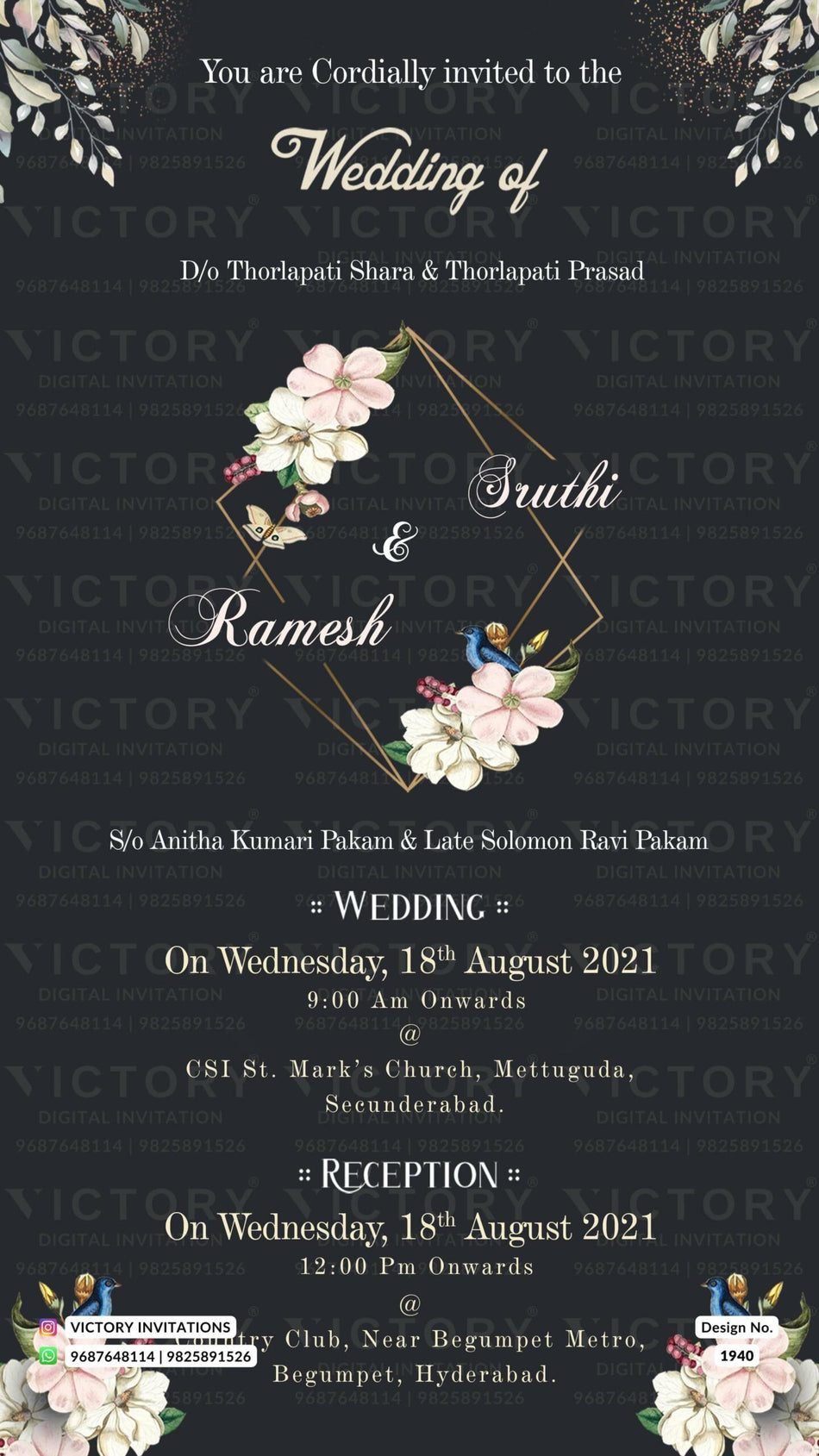 Wedding ceremony invitation card of hindu south indian telugu family in english language with minimalistic theme design 1940