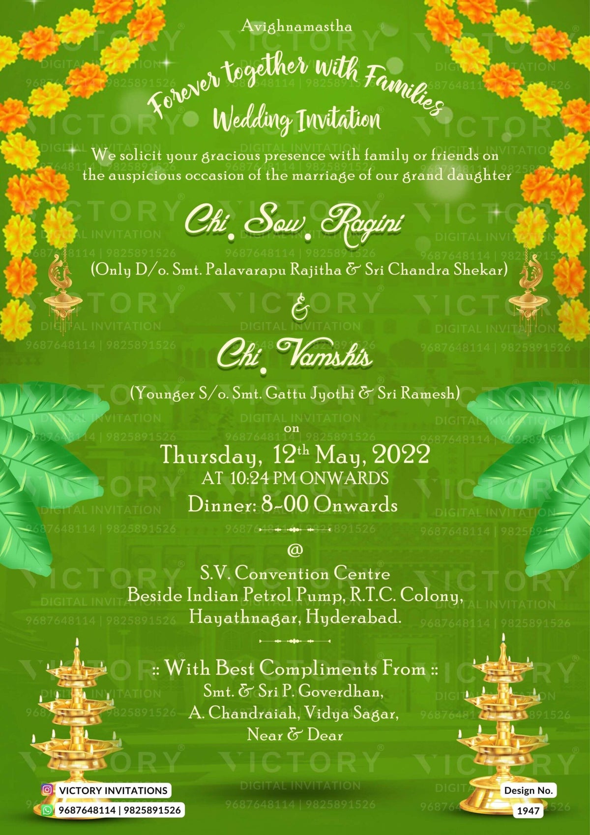 Wedding ceremony invitation card of hindu south indian telugu family in english language with traditional theme design 1947