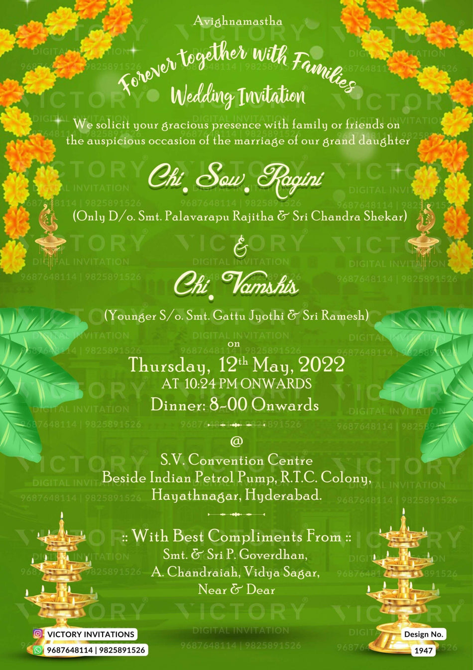 Wedding ceremony invitation card of hindu south indian telugu family in english language with traditional theme design 1947