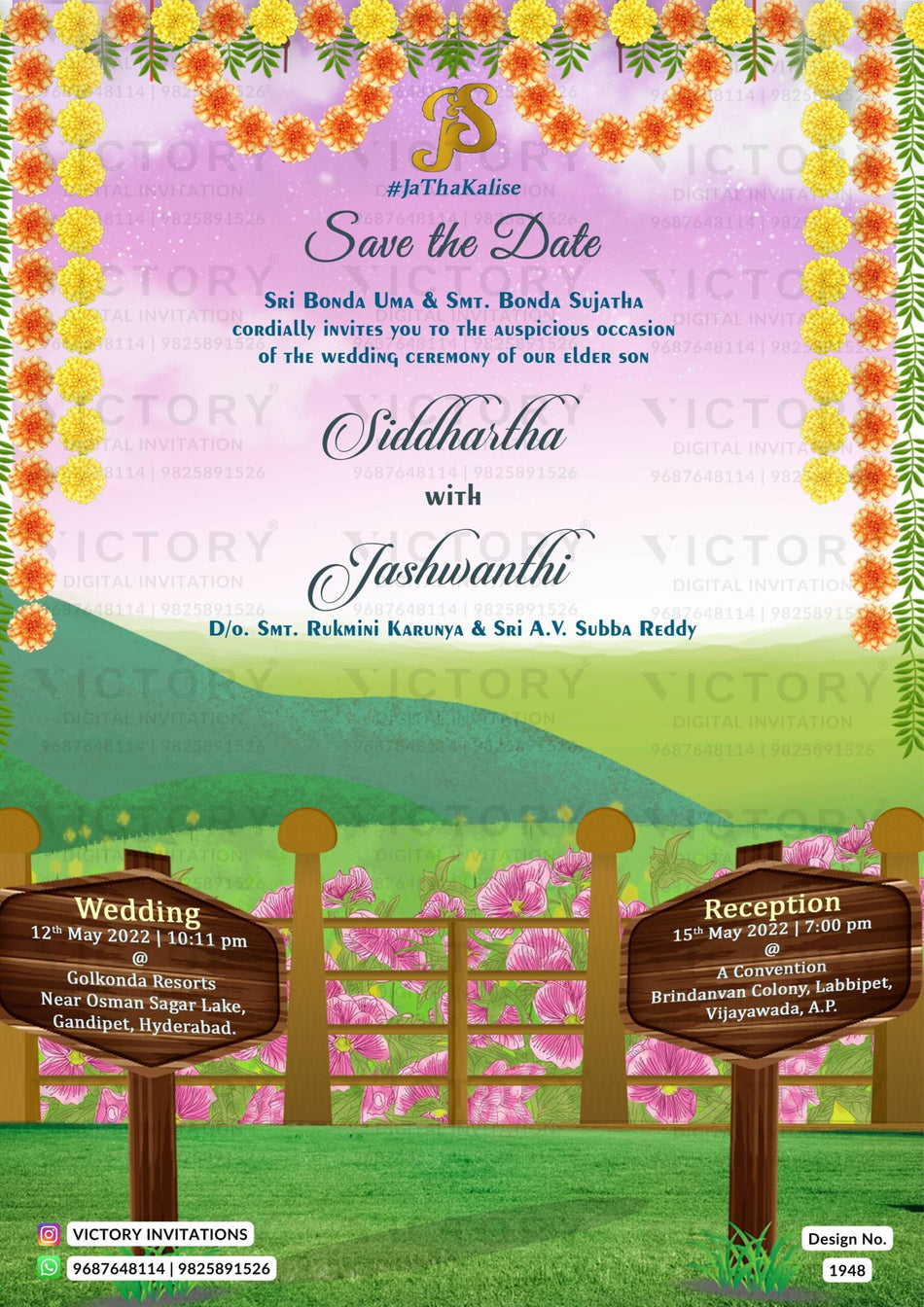 Wedding ceremony invitation card of hindu south indian telugu family in english language with garden theme design 1948