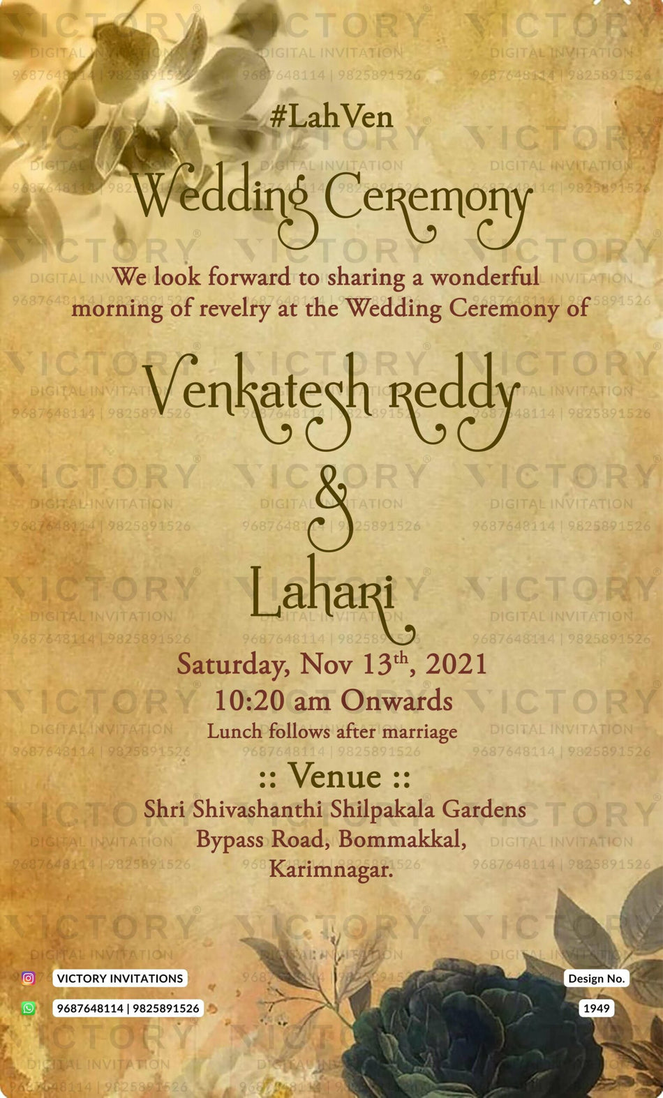 Wedding ceremony invitation card of hindu south indian telugu family in english language with vintage theme design 1949