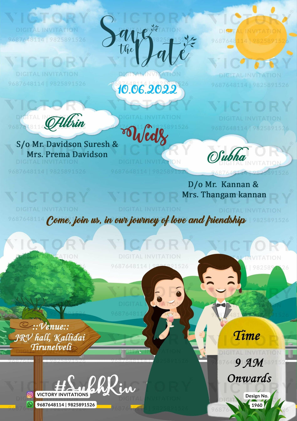 Wedding ceremony invitation card of hindu south indian tamil family in english language with mountain theme design 1960