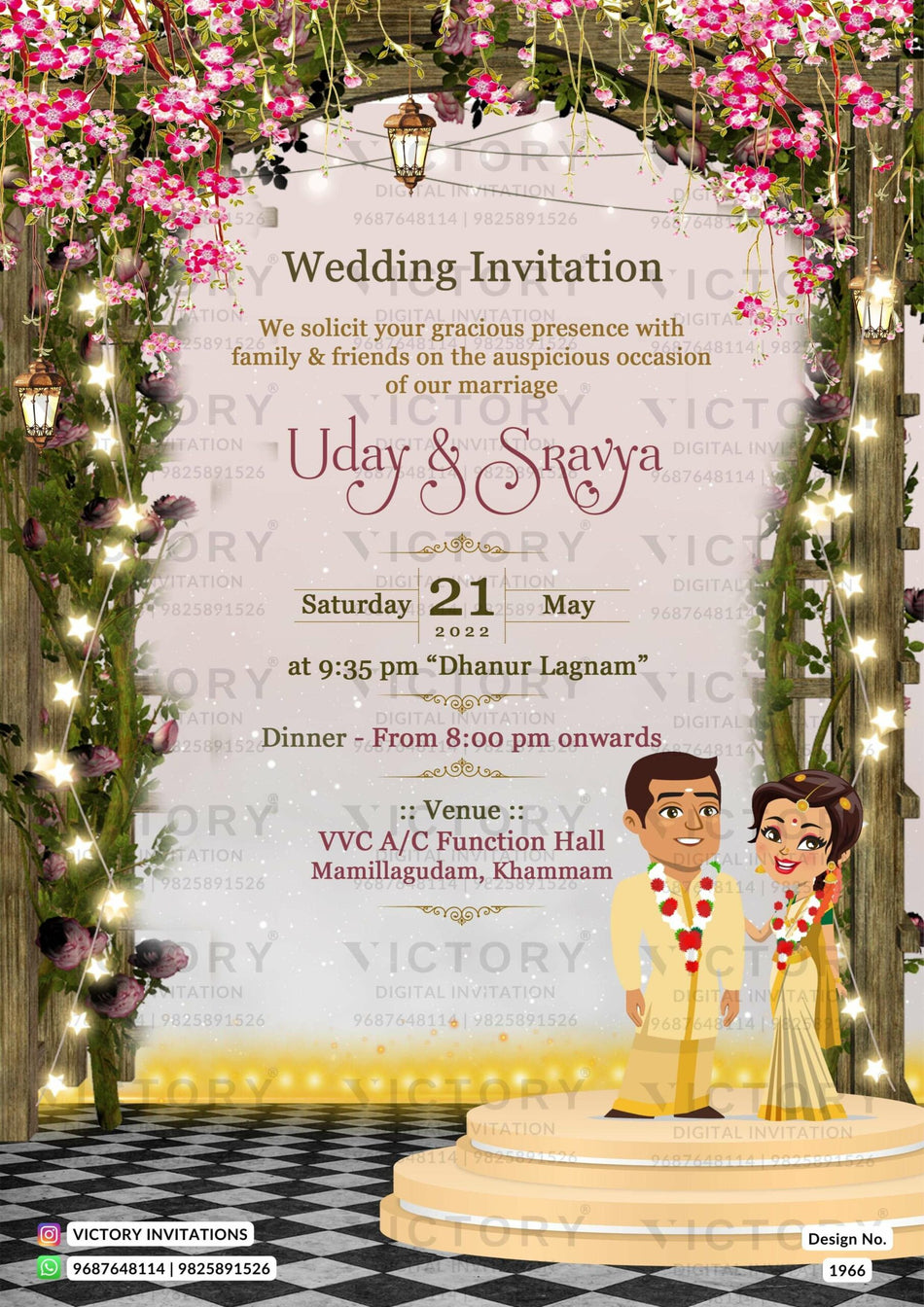 Wedding ceremony invitation card of hindu south indian tamil family in english language with floral gate theme design 1966