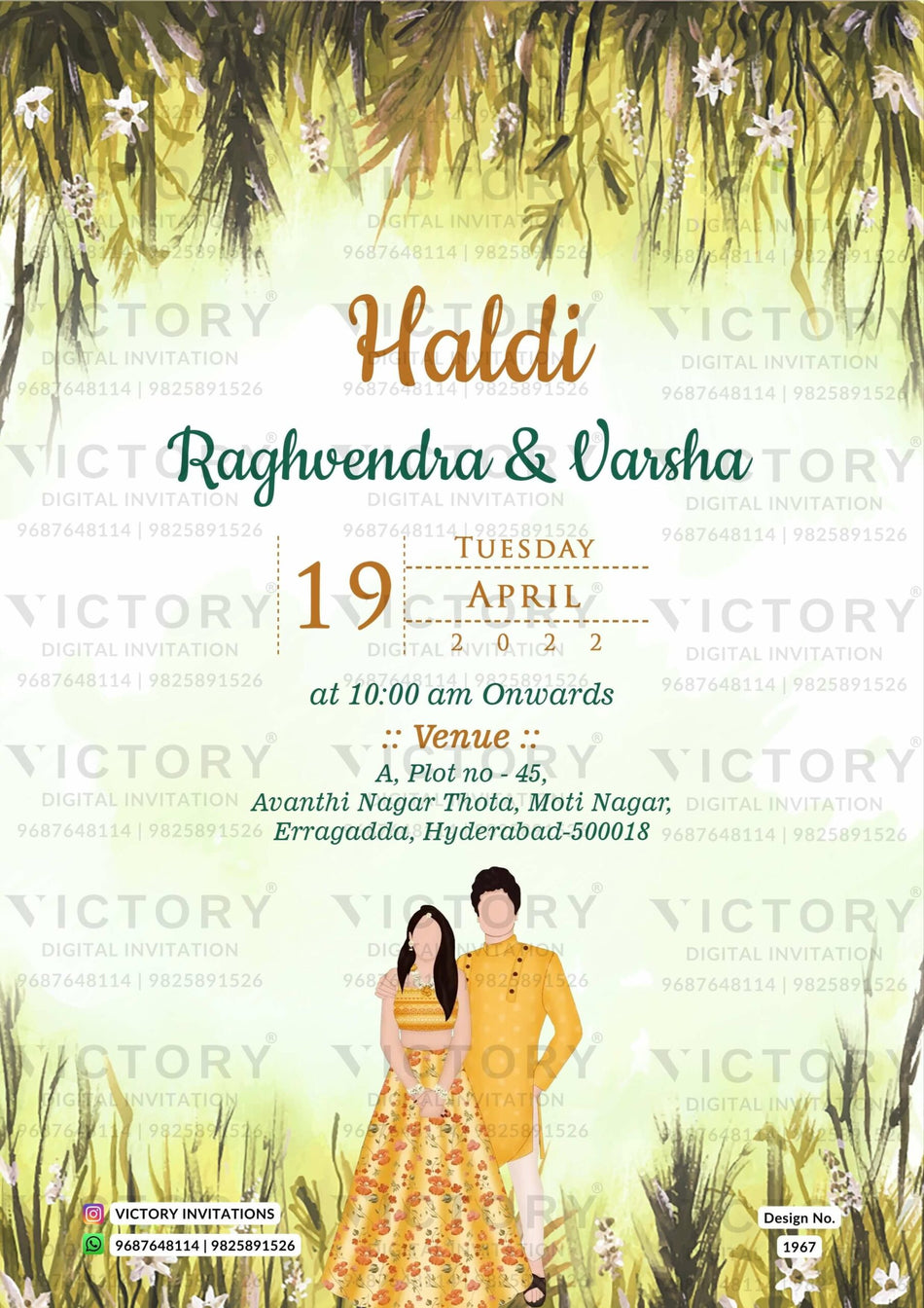 Haldi ceremony invitation card in english language with couple doodle, leaves as floral theme design 1967