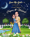 romantic couple caricature invitation card for Save the Date in English language with garden theme design 1970