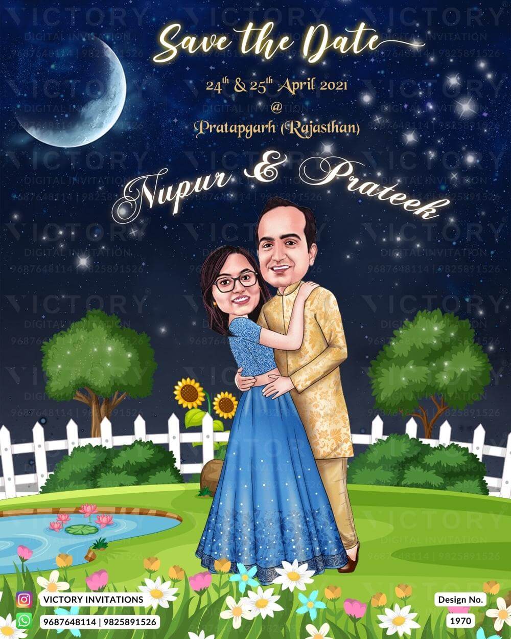 romantic couple caricature invitation card for Save the Date in English language with garden theme design 1970