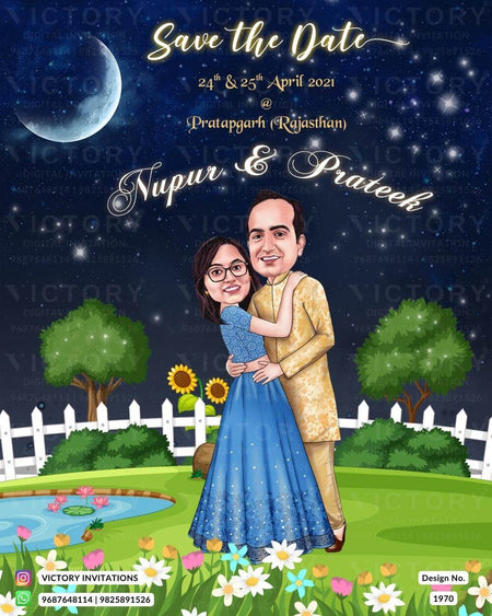 romantic couple caricature invitation card for Save the Date in English language with garden theme design 1970