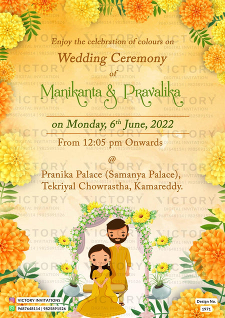 Wedding ceremony invitation card of hindu south indian telugu family in english language with traditional theme design 1971