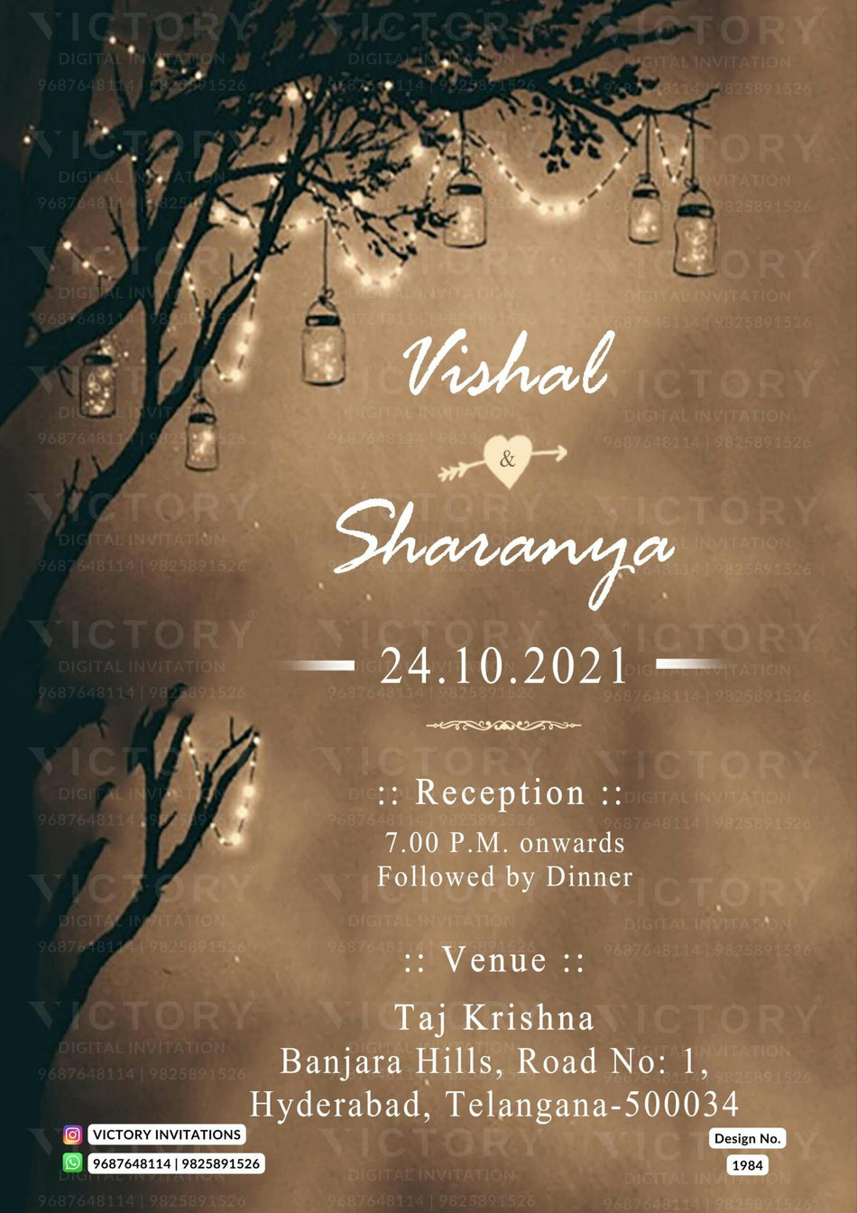 Reception Party invitation card in english language with lantern as night theme design 1984