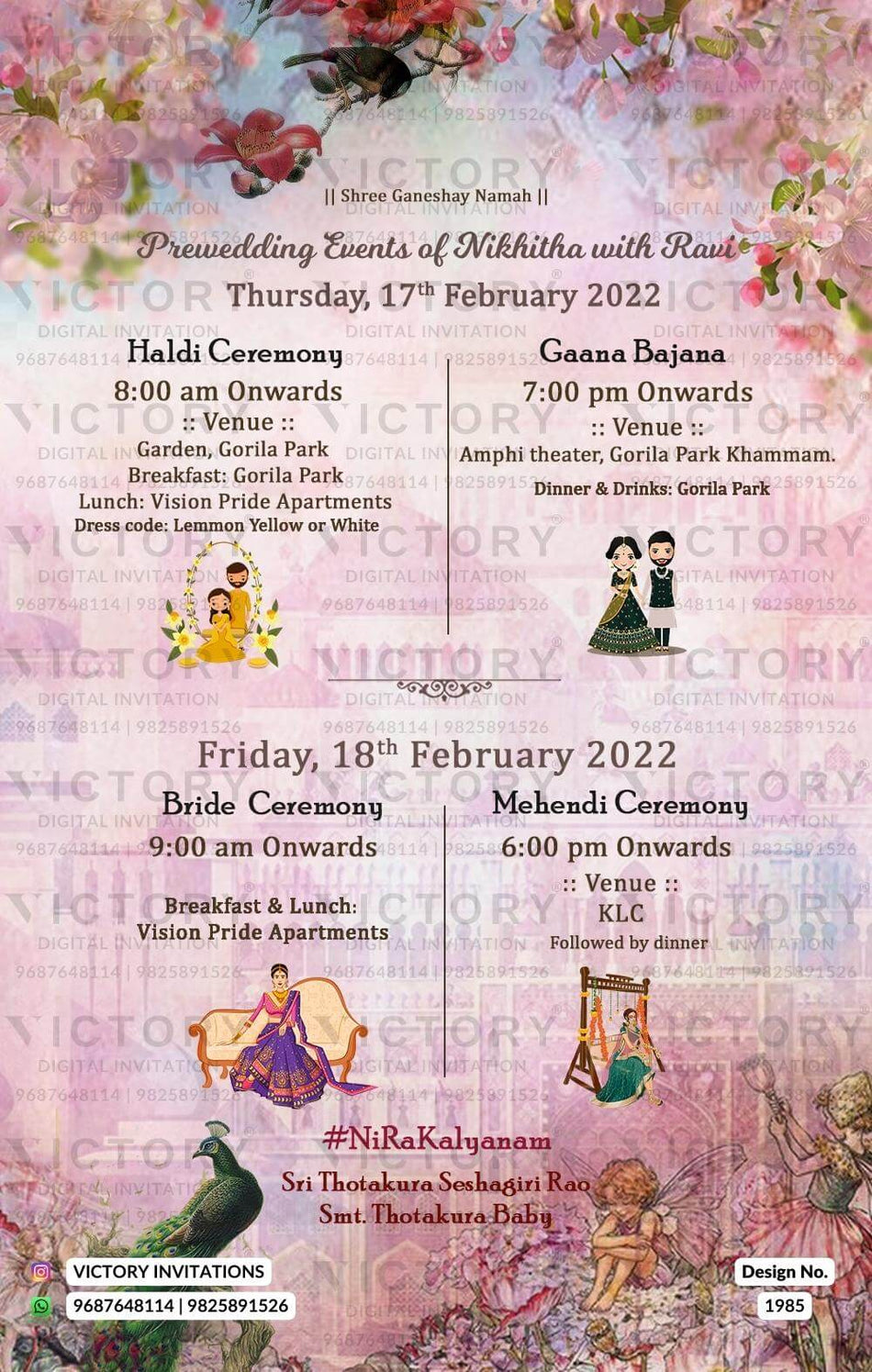 Wedding ceremony invitation card of hindu south indian telugu family in english language with traditional theme design 1985