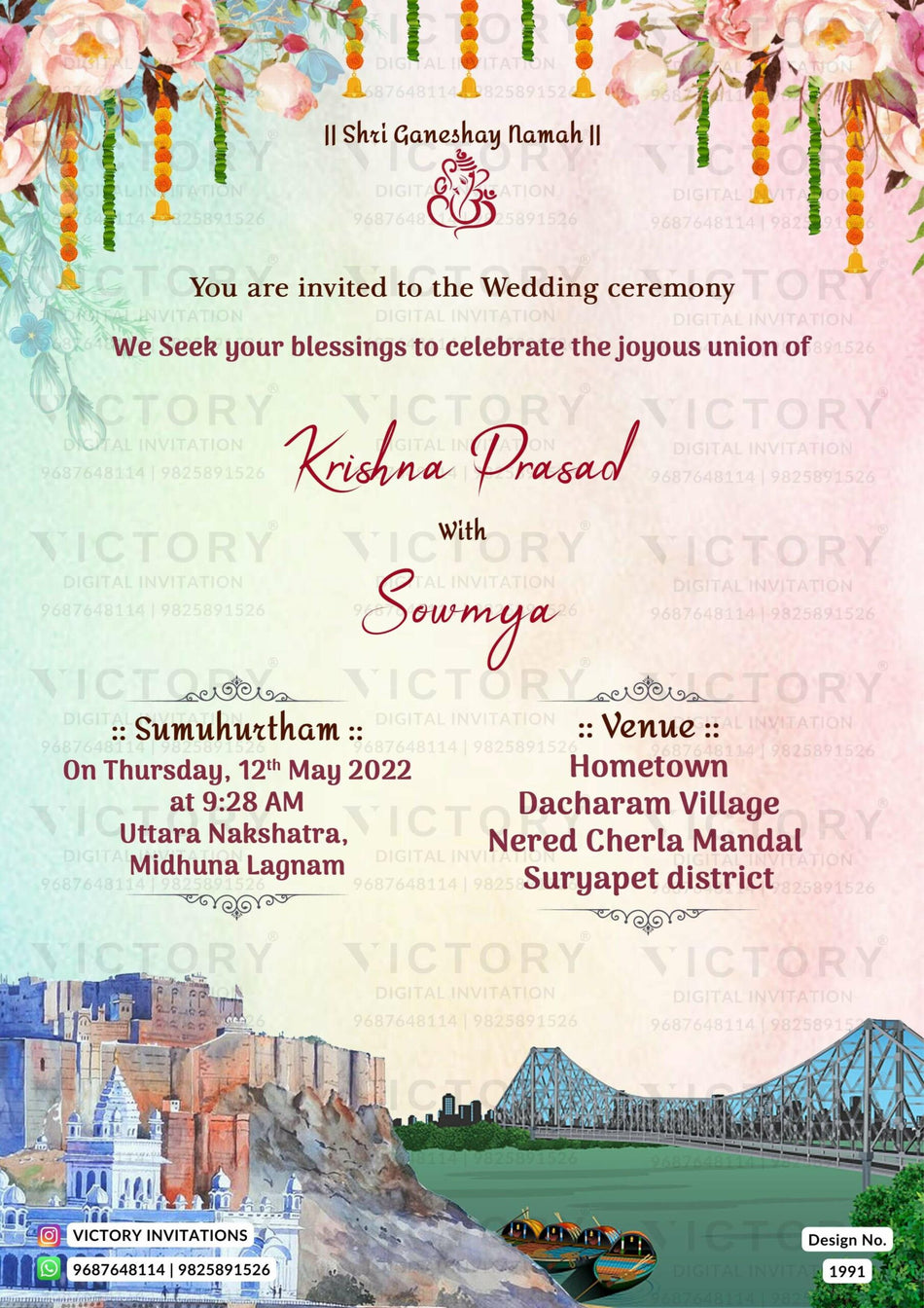 Wedding ceremony invitation card of hindu south indian telugu family in english language with two state theme design 1991