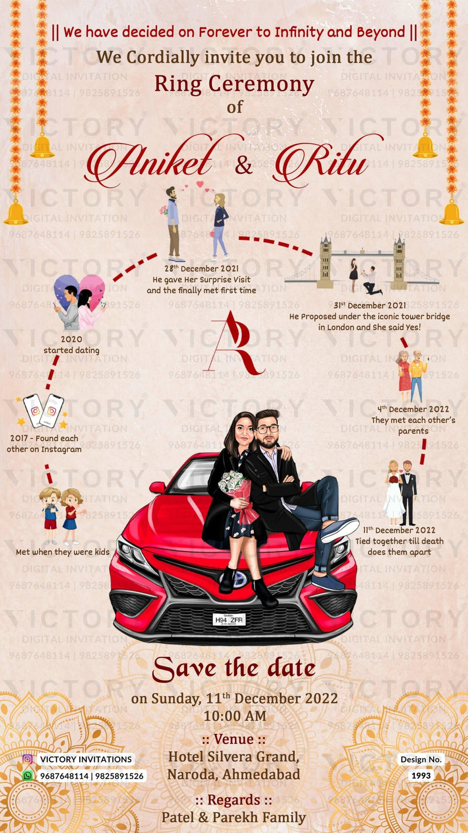 Romantic couple caricature invitation card for Engagement ceremony in English language with car, bells, mandala as love story theme design 1993