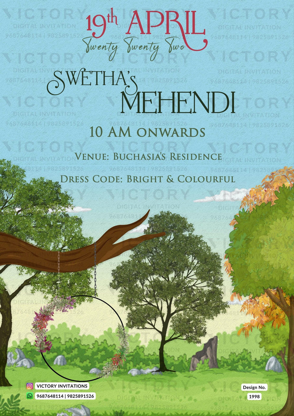 Mehendi ceremony invitation card in english language with swing, hanging trees as garden theme design 1998