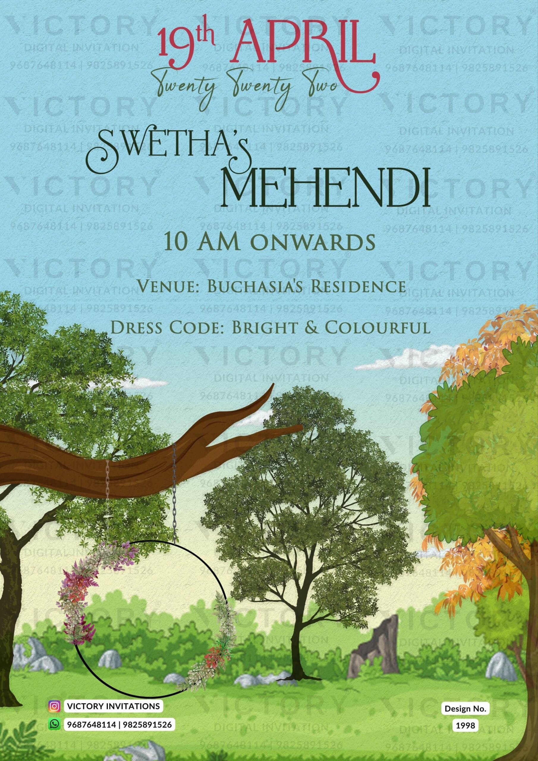Mehendi ceremony invitation card in english language with swing, hanging trees as garden theme design 1998
