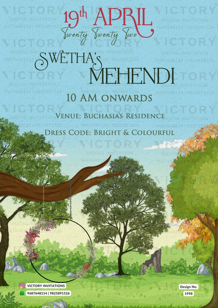 Mehendi ceremony invitation card in english language with swing, hanging trees as garden theme design 1998