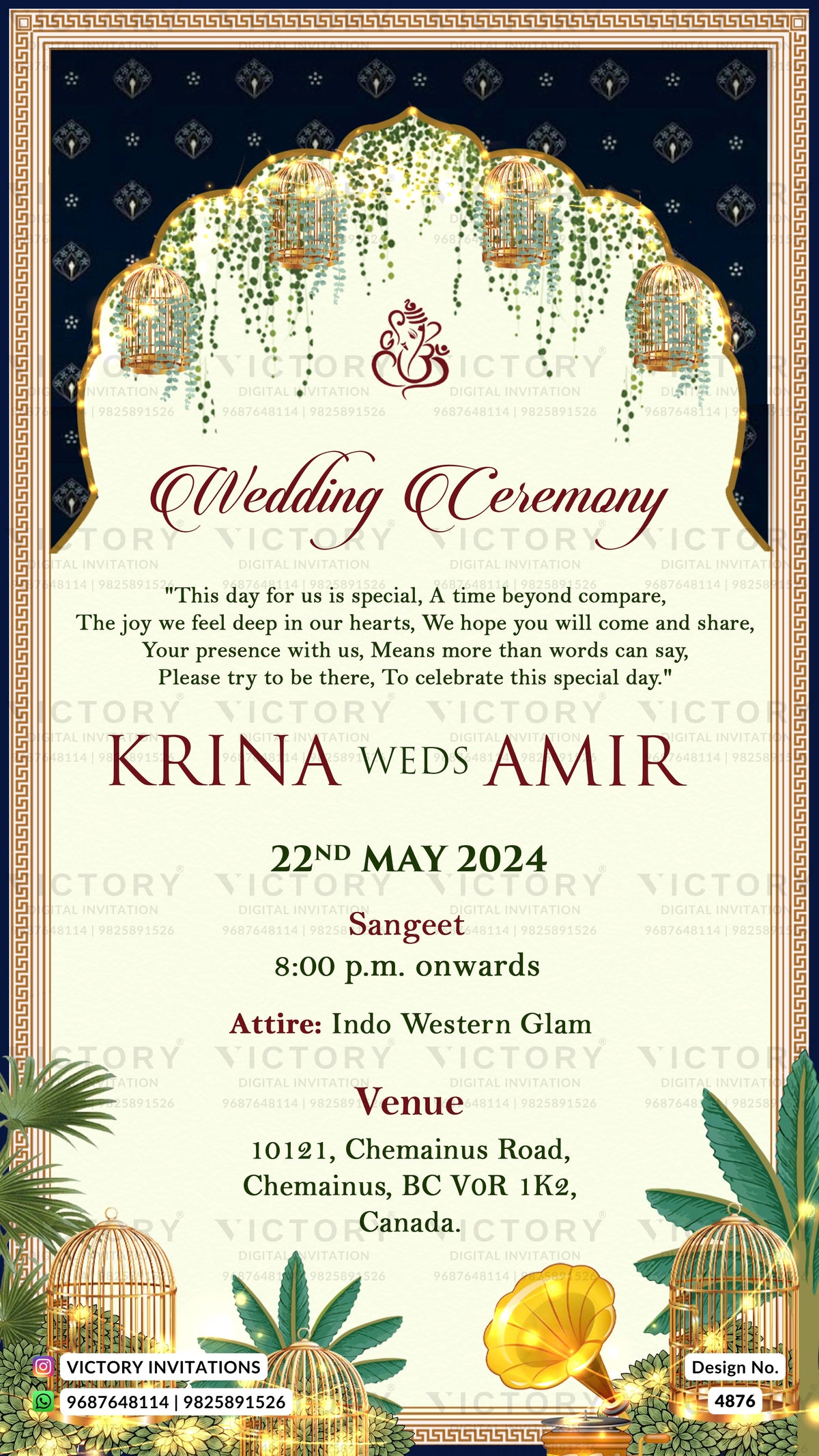 A festive wedding invitation card with an ornate arched frame, featuring the text 'Krina Weds Amir', event details, and decorative elements including hanging lanterns, green leaves, and gold gramophones on a dark navy background with a gold border.