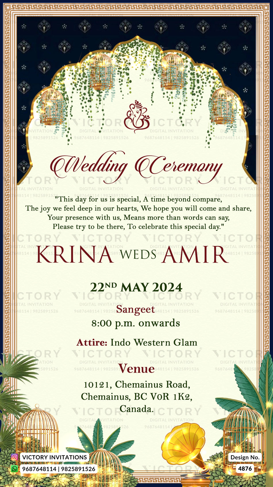 A festive wedding invitation card with an ornate arched frame, featuring the text 'Krina Weds Amir', event details, and decorative elements including hanging lanterns, green leaves, and gold gramophones on a dark navy background with a gold border.