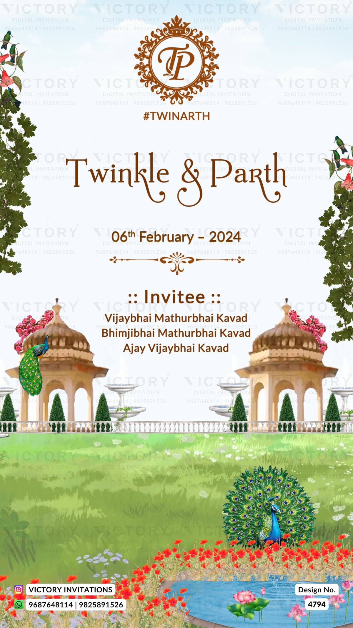 A digital invitation card design for 'Twinkle & Parth' wedding, featuring a light blue sky background, two classical temple structures, peacocks, and a decorative gold monogram logo at the top.