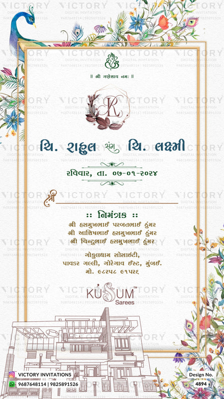 A decorative wedding invitation card with Hindi text, floral borders, a peacock illustration, and a building sketch at the bottom. The card is branded with Victory Invitations and includes a watermark pattern across the design.