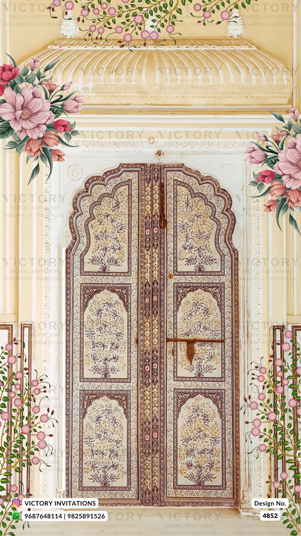 A decorative architectural illustration of ornate arched doors with intricate floral and geometric patterns, framed by pink flowers and green leaves against a cream background. Watermarks for 'Victory Invitations' are visible.