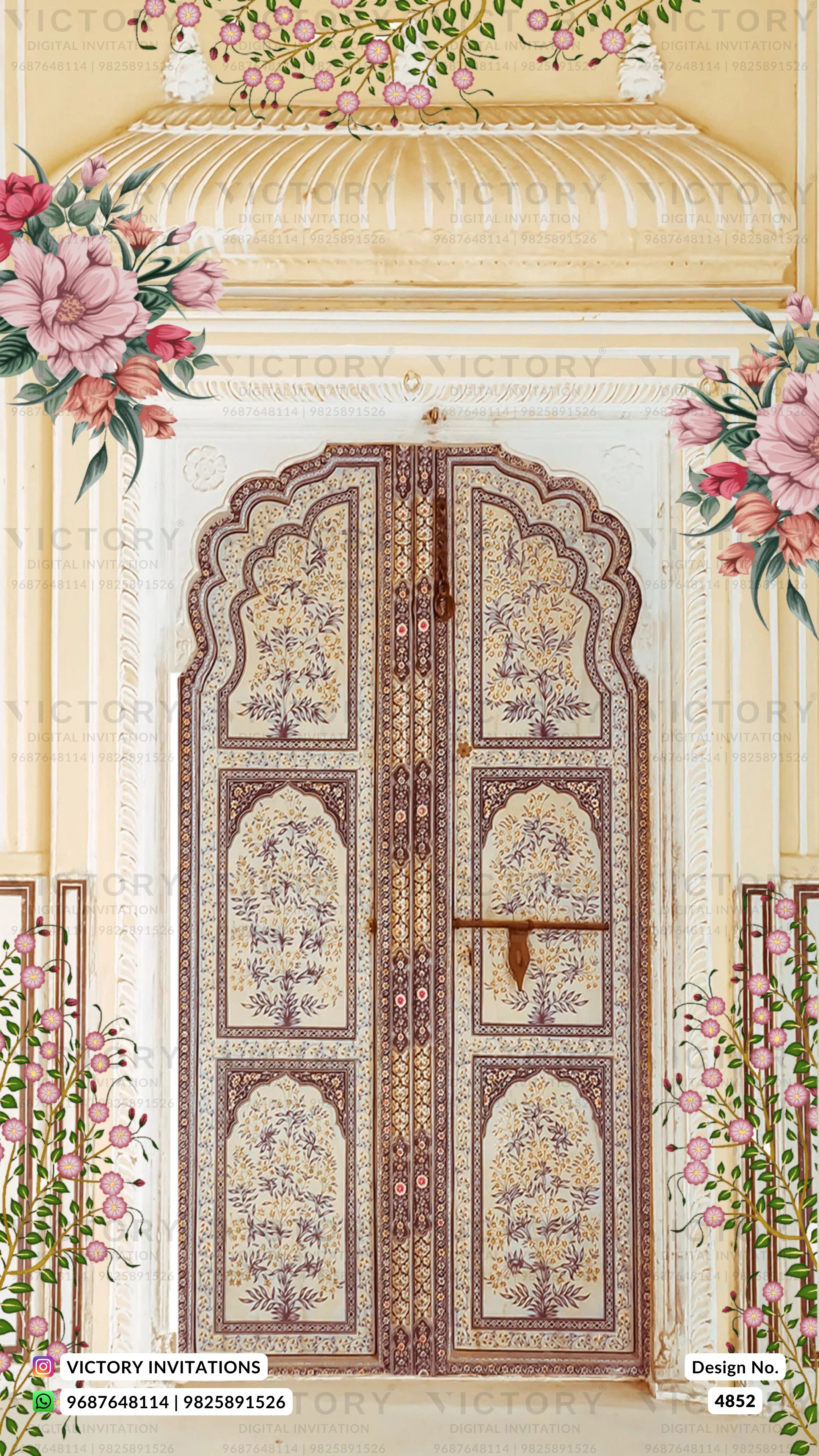 A decorative architectural illustration of ornate arched doors with intricate floral and geometric patterns, framed by pink flowers and green leaves against a cream background. Watermarks for 'Victory Invitations' are visible.