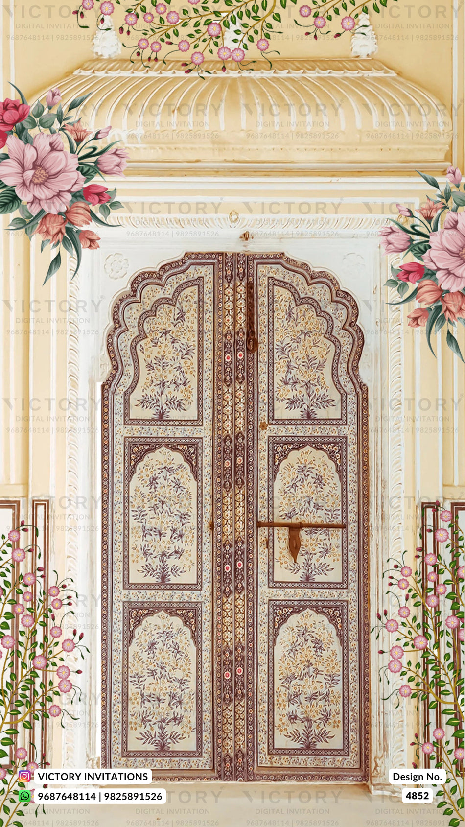 A decorative architectural illustration of ornate arched doors with intricate floral and geometric patterns, framed by pink flowers and green leaves against a cream background. Watermarks for 'Victory Invitations' are visible.