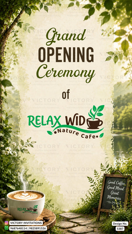 Advertisement for the grand opening ceremony of Relax Wid Nature Cafe with a scenic background.