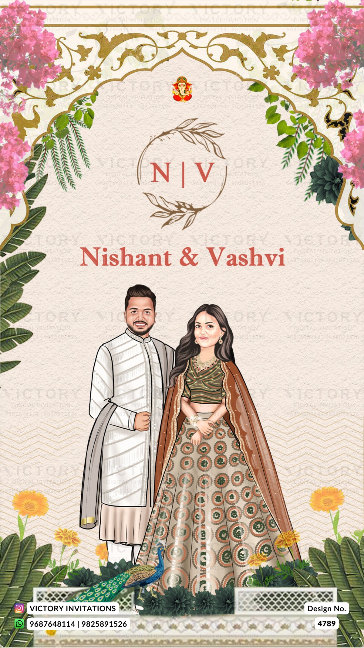 A custom Indian wedding invitation card featuring an illustrated couple in traditional attire, framed by pink flowers and green leaves. The top displays 'NIV' inside a leaf wreath, with the names 'Nishant & Vashvi' written below in red.