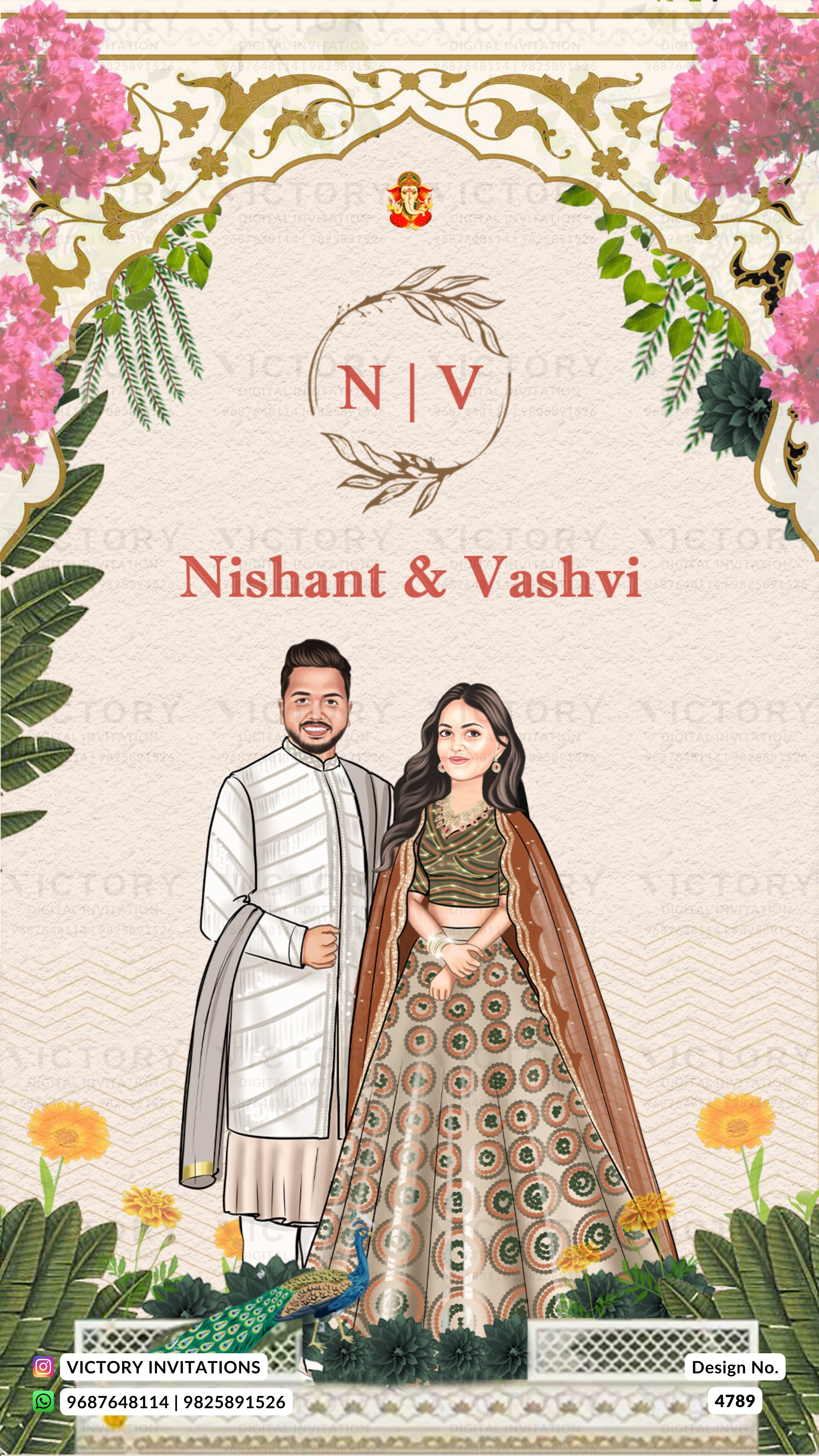 A custom Indian wedding invitation card featuring an illustrated couple in traditional attire, framed by pink flowers and green leaves. The top displays 'NIV' inside a leaf wreath, with the names 'Nishant & Vashvi' written below in red.