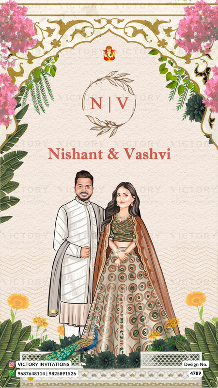 A custom Indian wedding invitation card featuring an illustrated couple in traditional attire, framed by pink flowers and green leaves. The top displays 'NIV' inside a leaf wreath, with the names 'Nishant & Vashvi' written below in red.