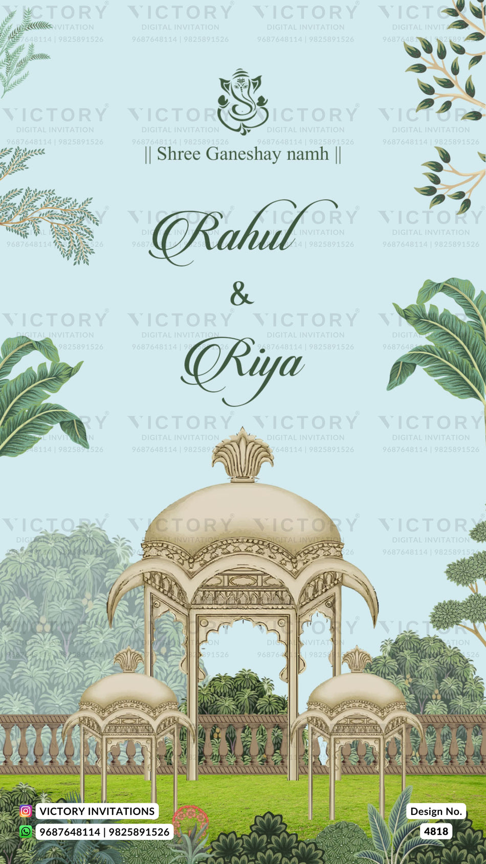 Wedding ceremony invitation card of hindu gujarati patel family in english language with garden theme design 4818