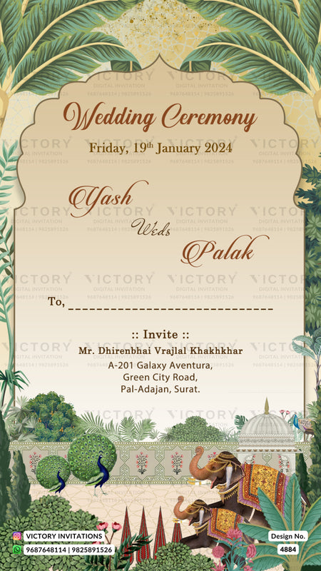 A decorative wedding invitation card with a cream central panel, ornate green tropical border illustrations, and a scenic garden-and-domestic scene at the bottom. Text reads 'Wedding Ceremony', 'Friday, 19th January 2024', 'Yash Weds Palak', and includes event details and venue in Surat.