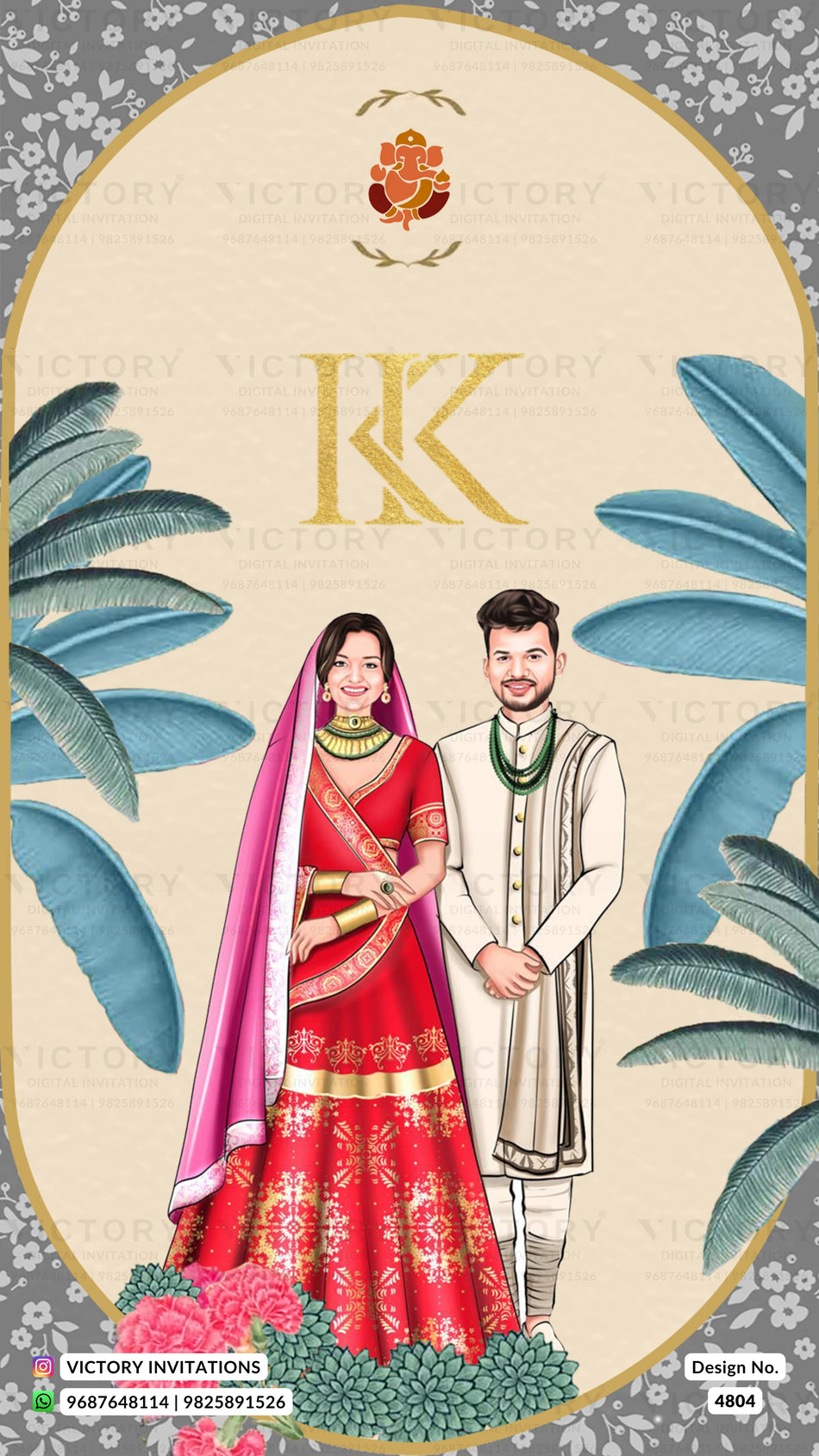 Delightful couple caricature invitation card for wedding ceremony of gujarati patel family in english language with Traditional theme design 4804