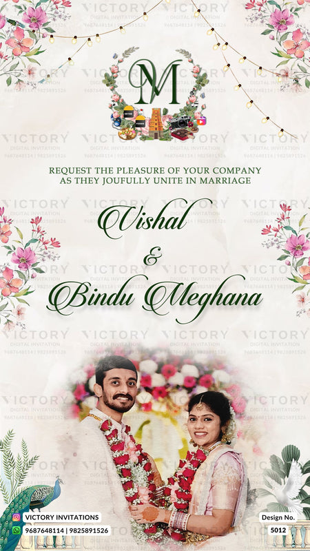 A digital preview of a wedding invitation card featuring the names 'Vishal & Bindu Meghana' in elegant green script, decorated with floral borders, string lights, and a central monogram 'M' wreath. The bottom features a photograph of a smiling couple wearing traditional Indian attire and red flower garlands.