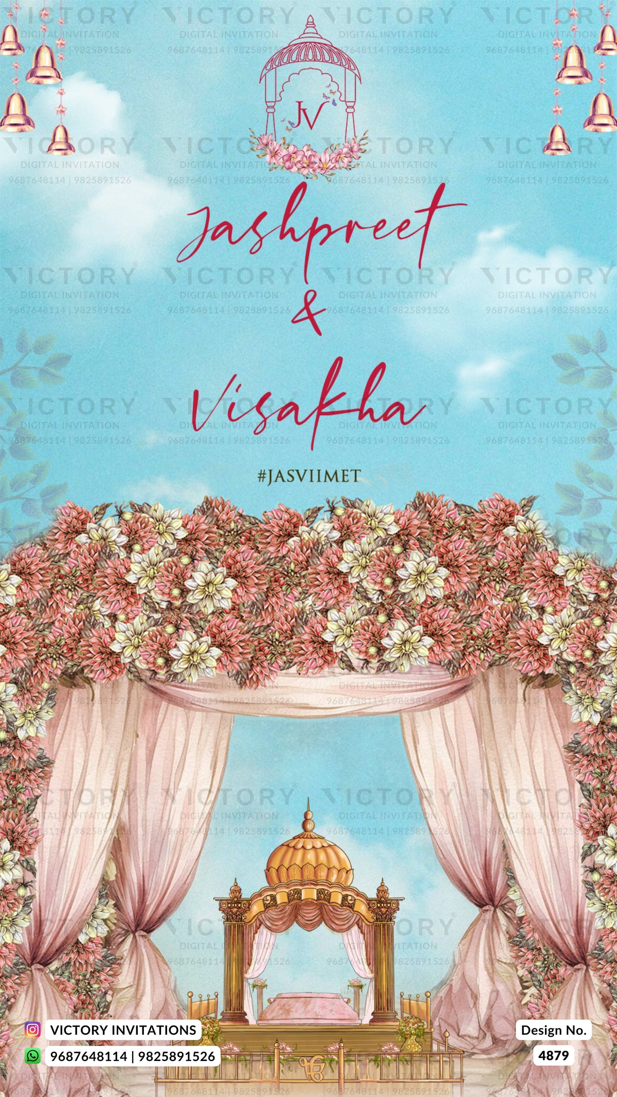 A digital preview of a wedding invitation card featuring a pink and gold traditional Indian wedding theme. The design includes a light blue sky background, pink and white floral arches, pink drapes, and a golden mandapa at the bottom.