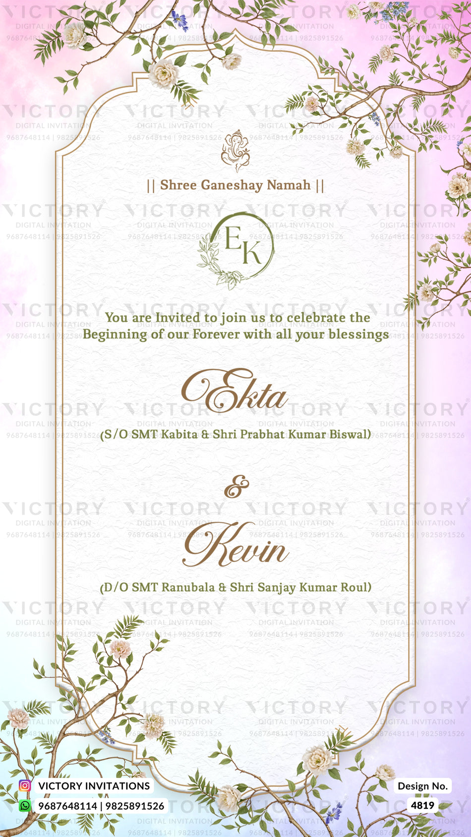 Wedding ceremony invitation card of hindu Odiya family in english language with floral theme design 4819