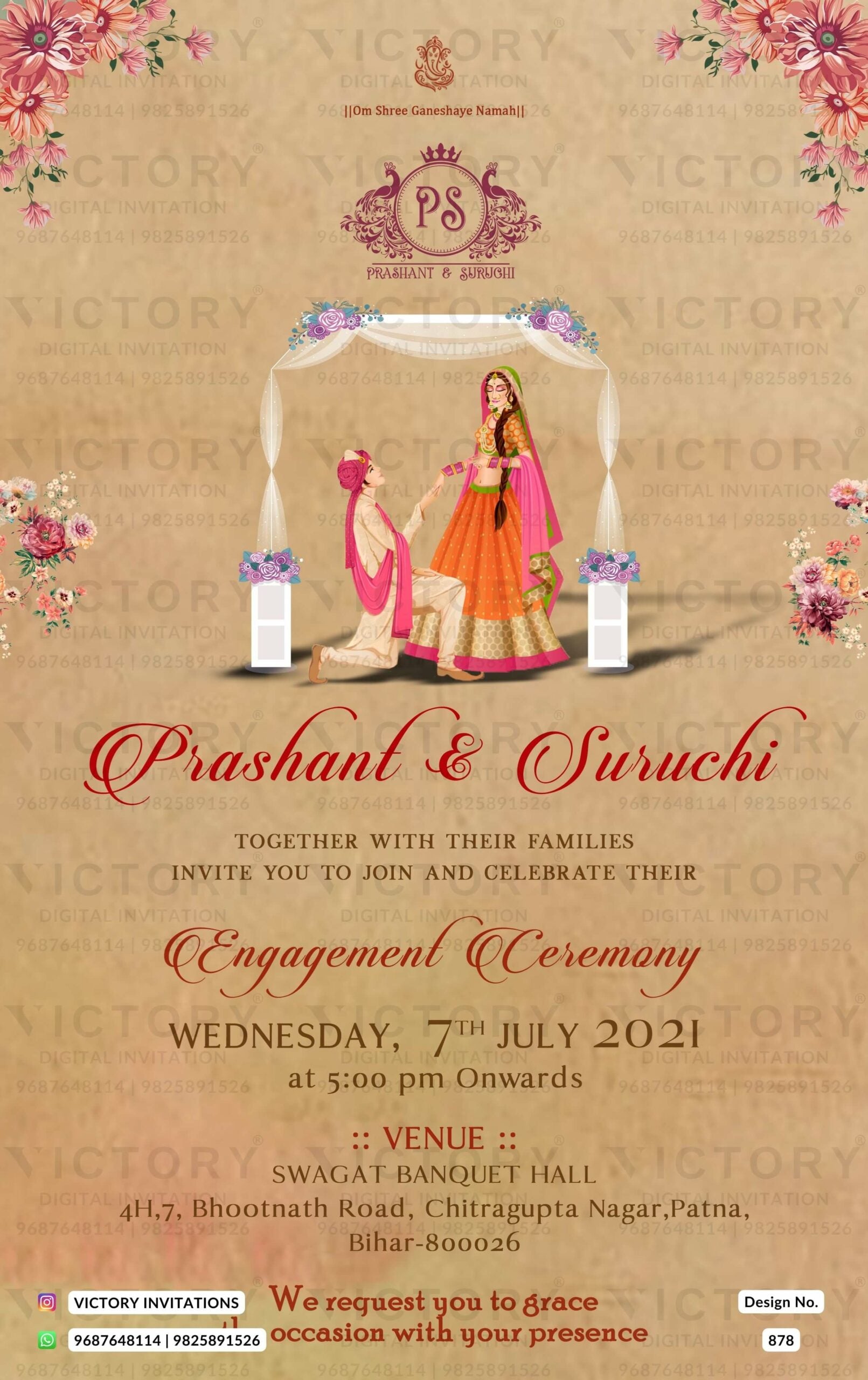 "An Enchanting Vintage Digital Engagement Invitation Featuring Sorrell Brown, Pink Shades, Yellow Bright Bulbs, Bronze Lanterns, and Charming Couple Doodles"