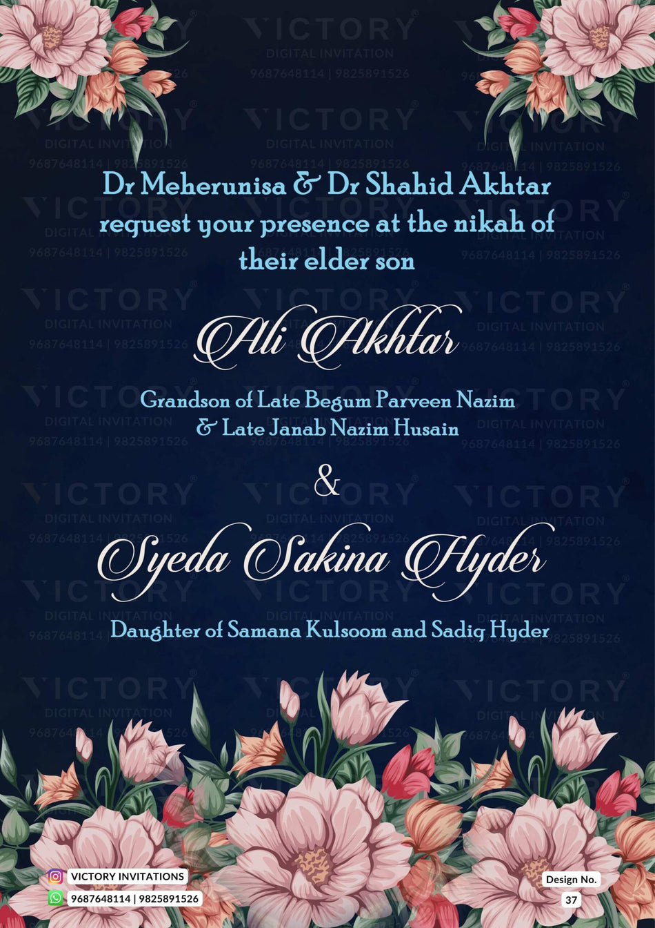 Nikah ceremony invitation card of Muslim family in english language with floral theme design 37