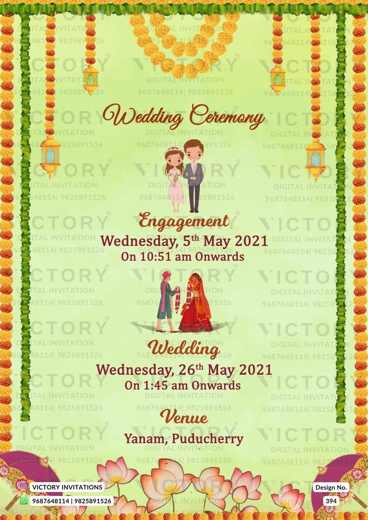Serene Pale Green Wedding Invitation with Holy Ganesha Logo, Hand-drawn Couple doodles, Botanical Embellishments, Design no.394