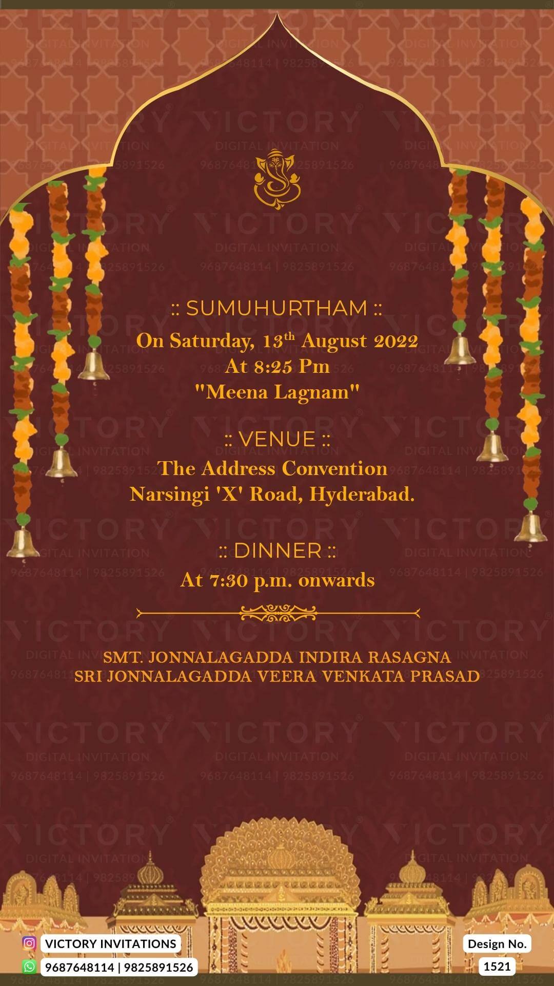 A Stunning Wedding Invitation with Brown Derby Backdrop, Golden Arch, Lord Ganesha Logo, and Marigold Foliage Adornments,