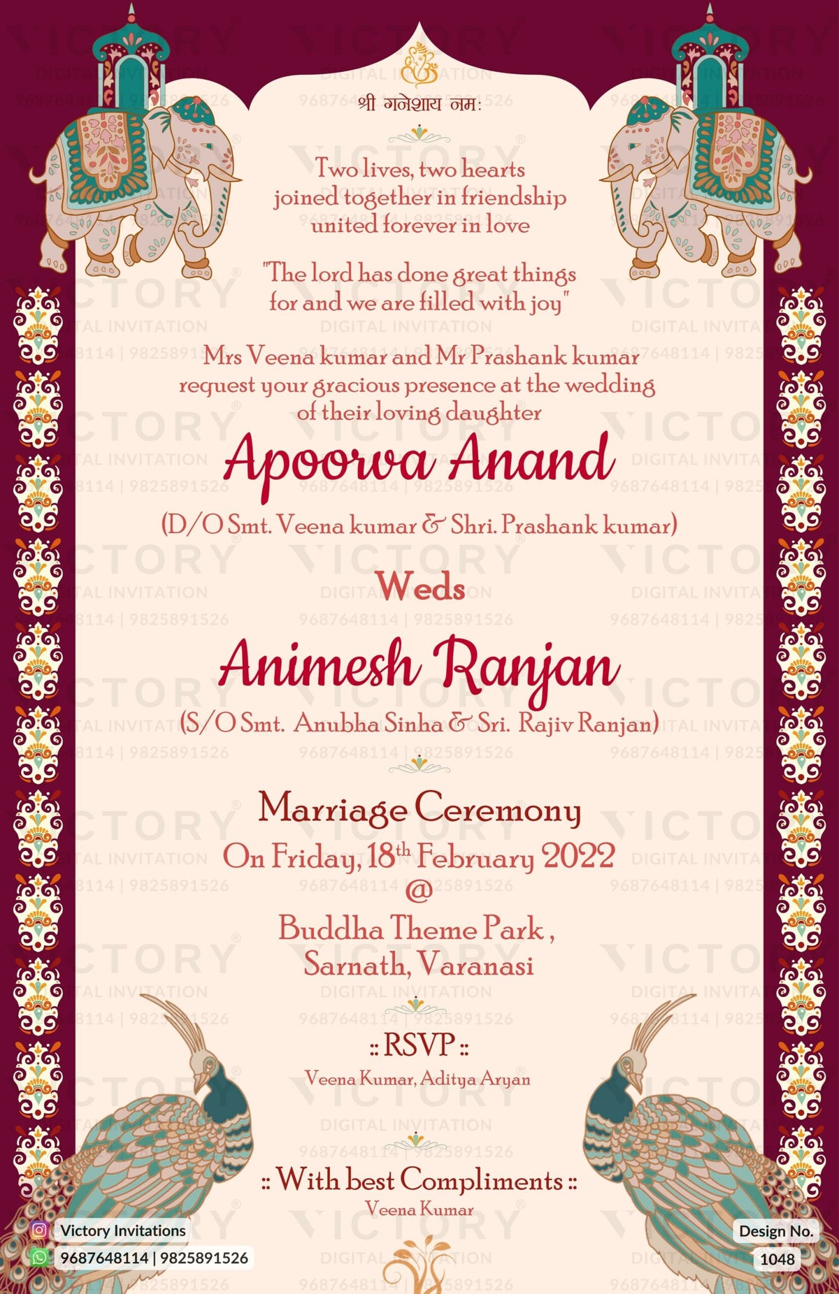 "Dark Fuchsia and Vanilla Sugar background, Vintage Peacock and Megestic Elephant Adorned Digital Wedding Invitation" Design no. 1048