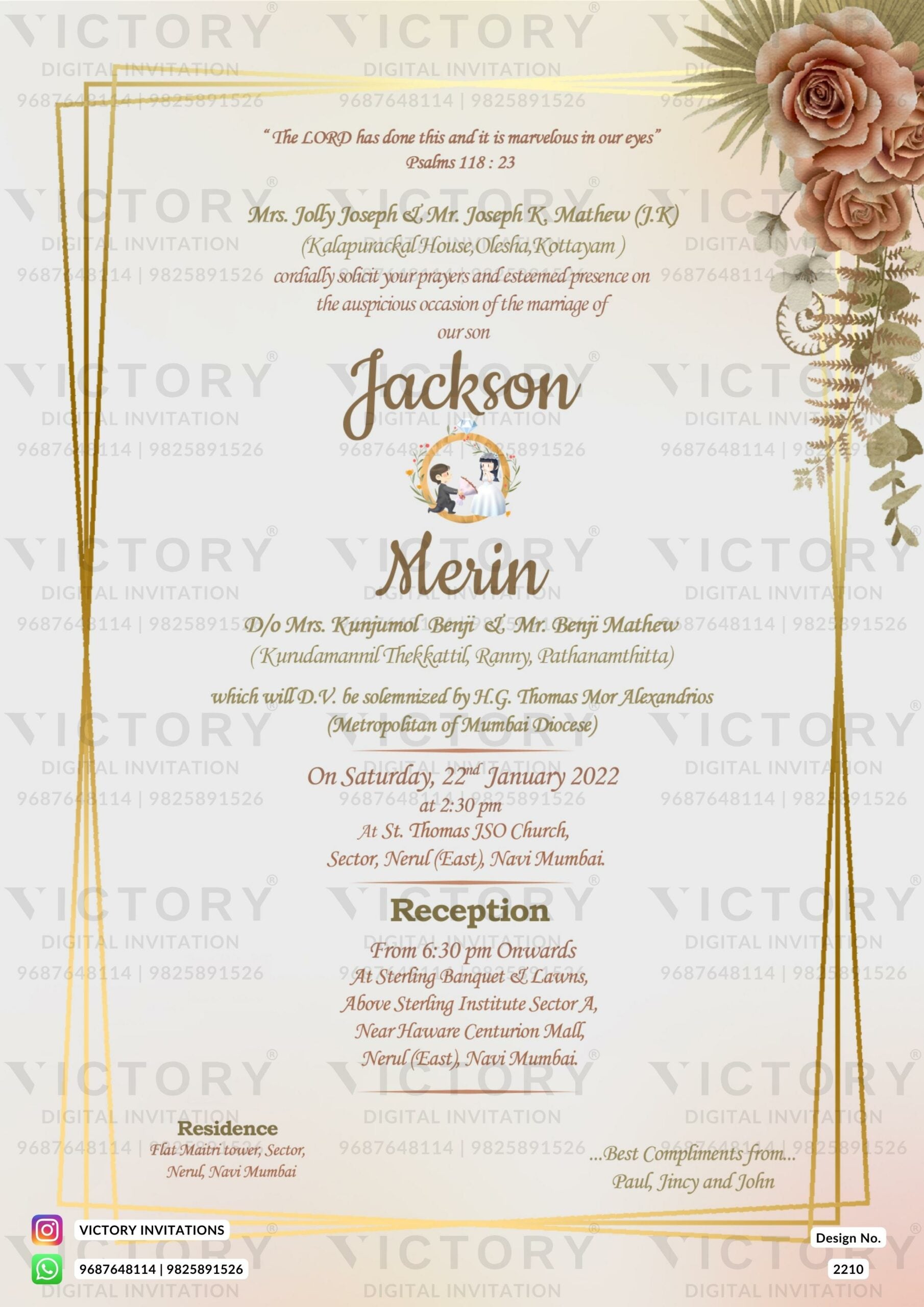 Romantic Peach-Colored Wedding Invitation with Elegant Goldish Frame, Charming Couple Doodle and Brown roses delights. Design no.2210