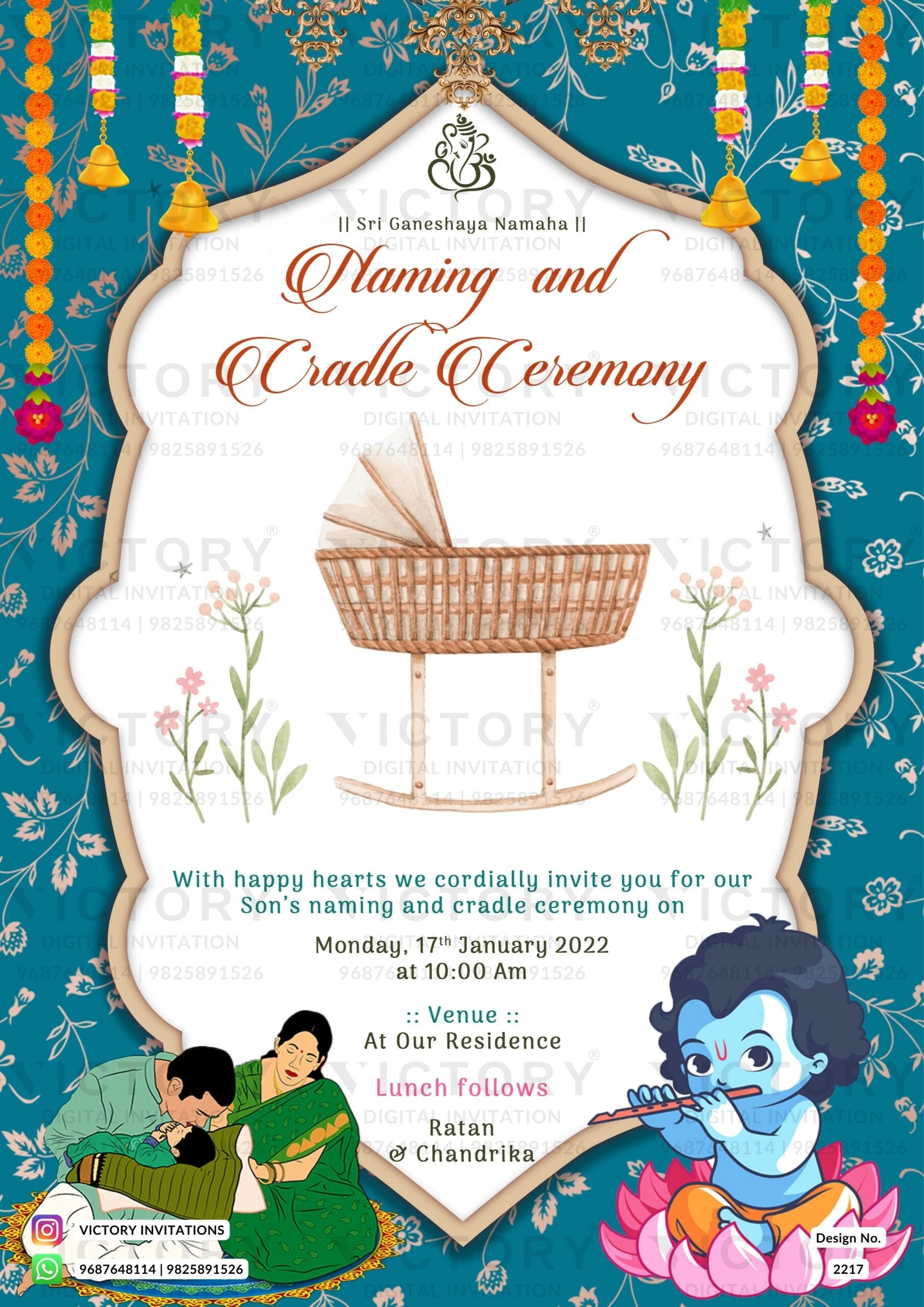 The Magnificence of a Cradle Ceremony Card - Embellished with God Ganesha logo, Krishna's doodles, and Marigold embellishments." Design no. 2217