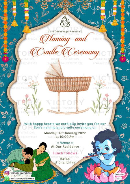 The Magnificence of a Cradle Ceremony Card - Embellished with God Ganesha logo, Krishna's doodles, and Marigold embellishments." Design no. 2217